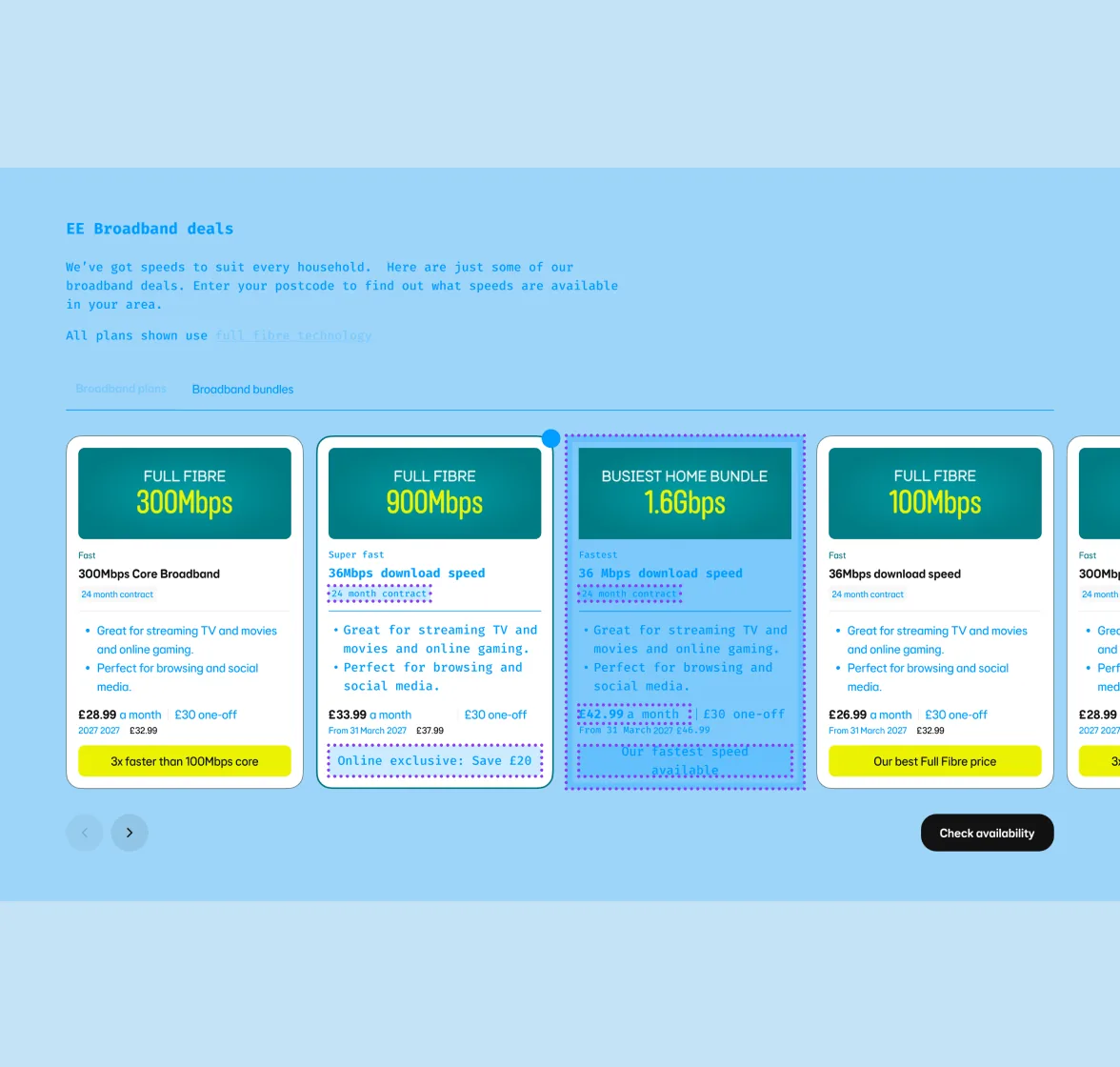 The same EE broadband deals page in Debug mode: Loop’s tokens turn see-through blue, text turns monospaced, and purple dotted outlines show which deal cards are Loop components