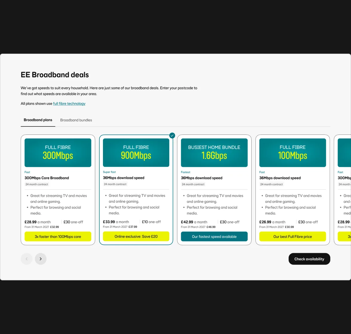 An EE broadband deals page in Figma as normal: a row of deal cards with speeds, prices and buttons