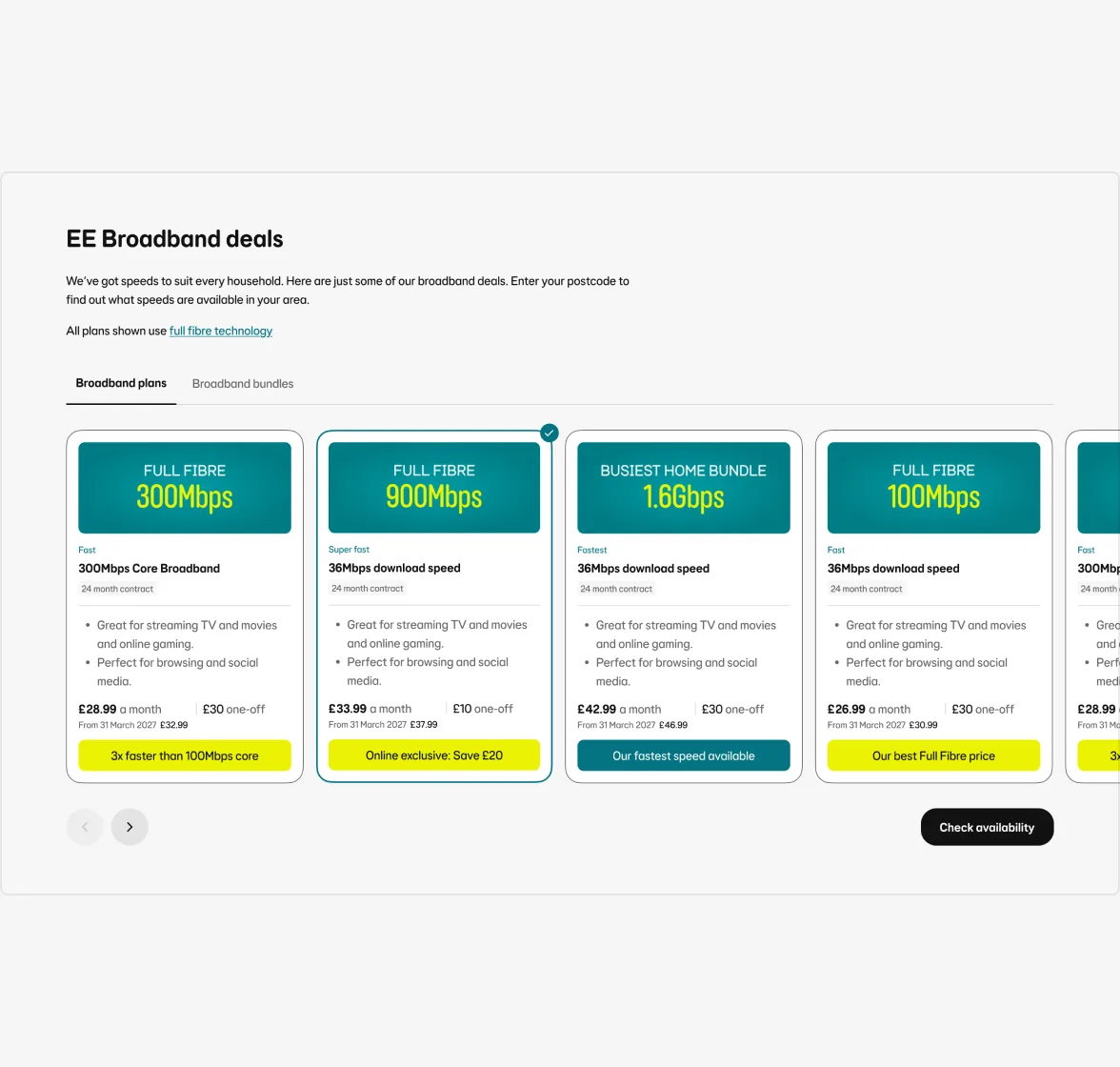 An EE broadband deals page in Figma as normal: a row of deal cards with speeds, prices and buttons