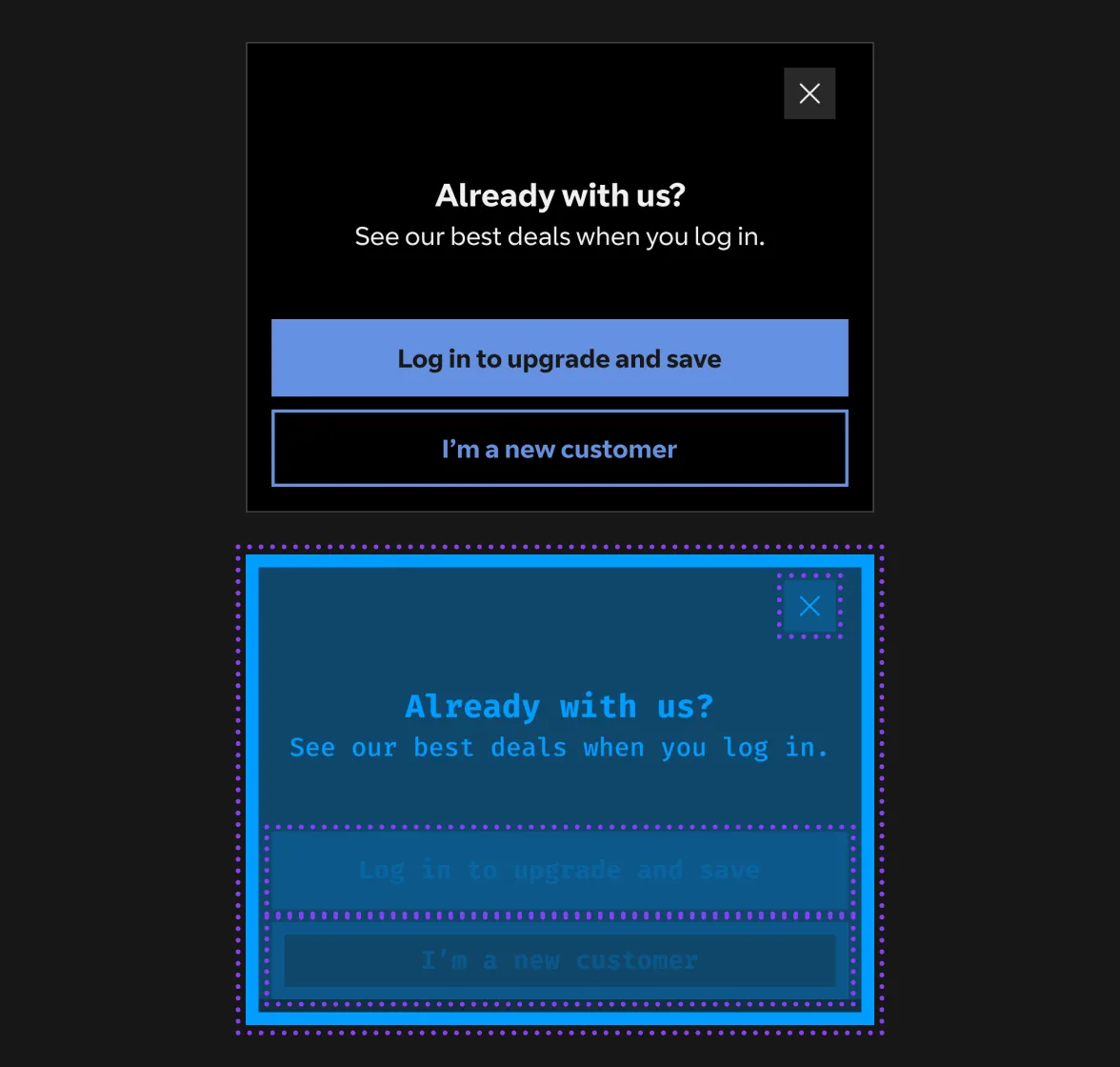 An “Already with us?” log-in card, normal and in Debug mode. In Debug mode, purple dotted outlines surround the card, its close button and both buttons