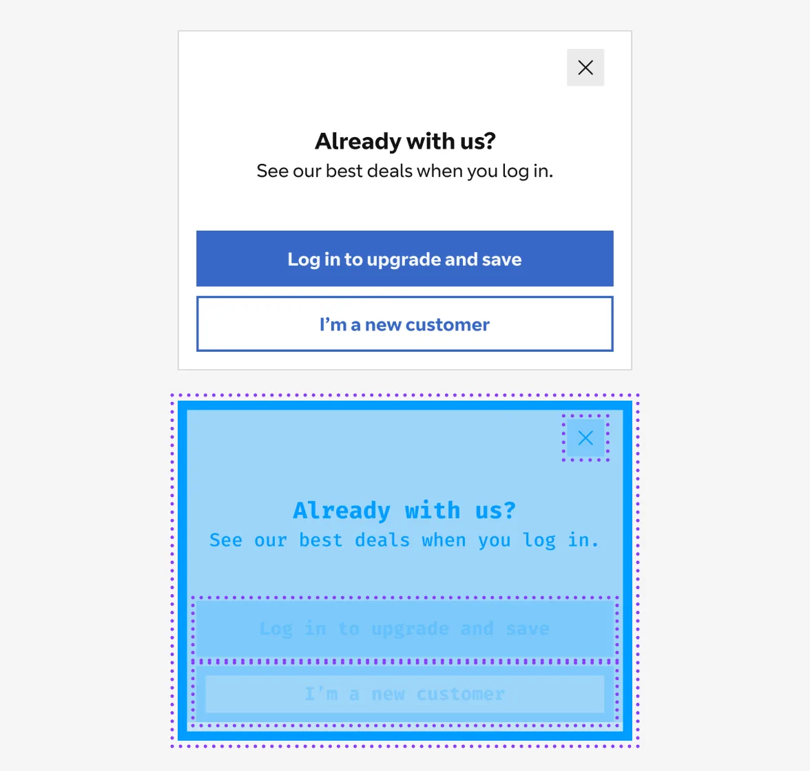 An “Already with us?” log-in card, normal and in Debug mode. In Debug mode, purple dotted outlines surround the card, its close button and both buttons