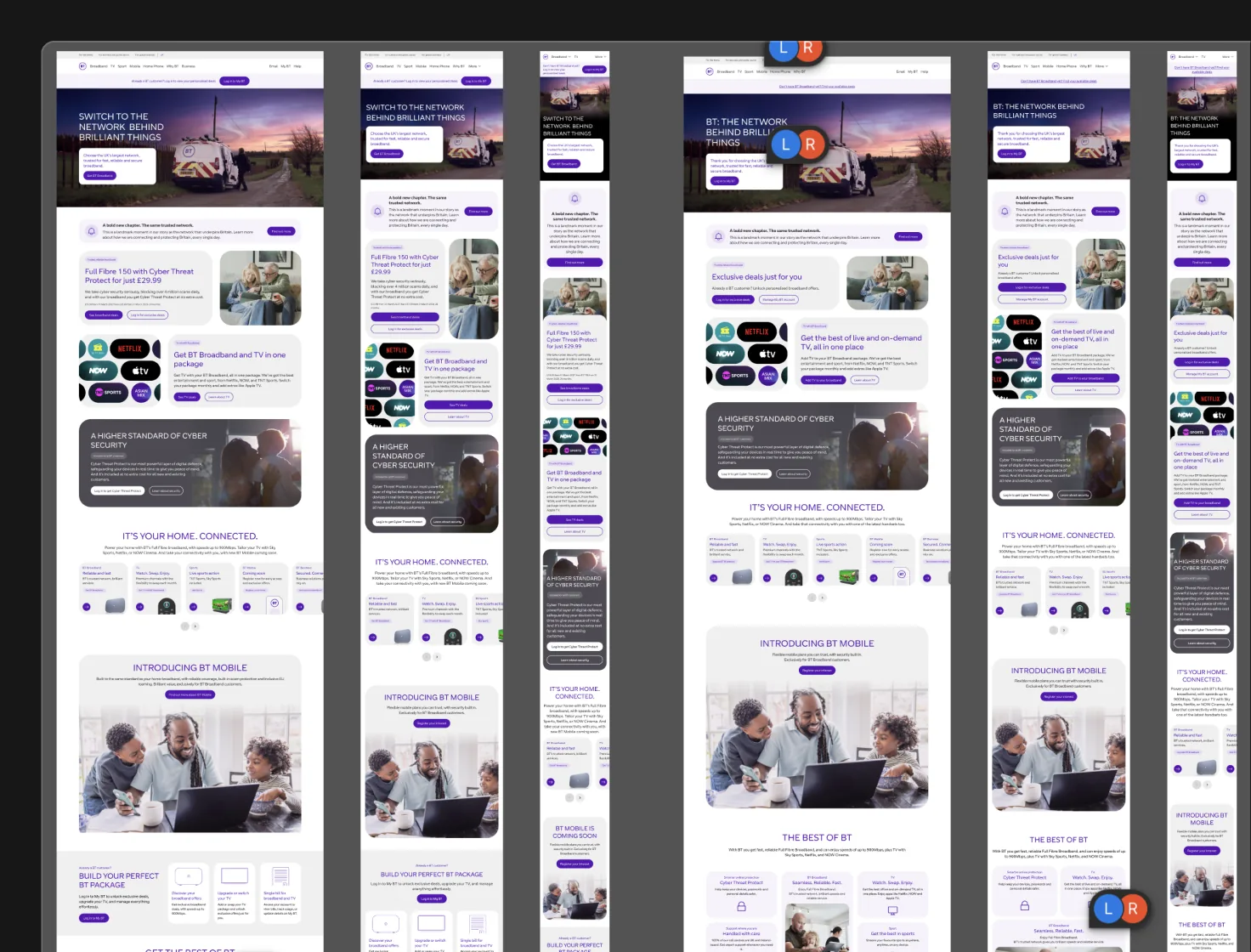A busy shared Figma file: rows of BT web page designs side by side, with colleagues’ cursors over them. Nothing shows which parts use Loop