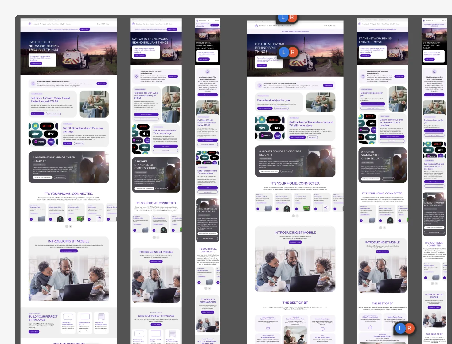 A busy shared Figma file: rows of BT web page designs side by side, with colleagues’ cursors over them. Nothing shows which parts use Loop