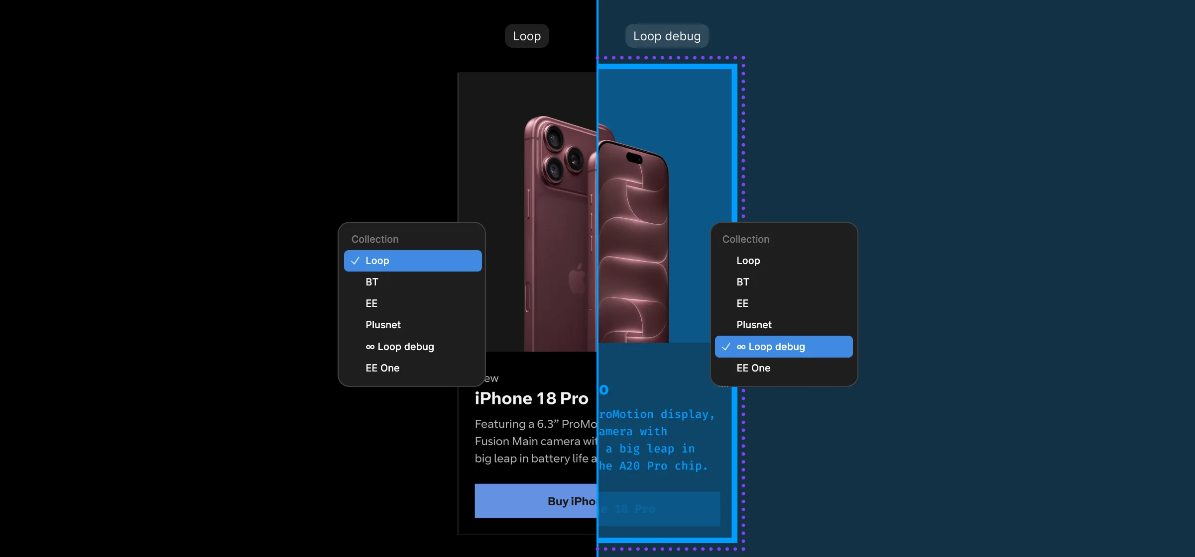 An iPhone product card split down the middle. On the left, with the Loop collection picked in Figma’s menu, it looks as normal. On the right, with Loop debug picked, it turns see-through blue with monospaced text and a purple dotted outline