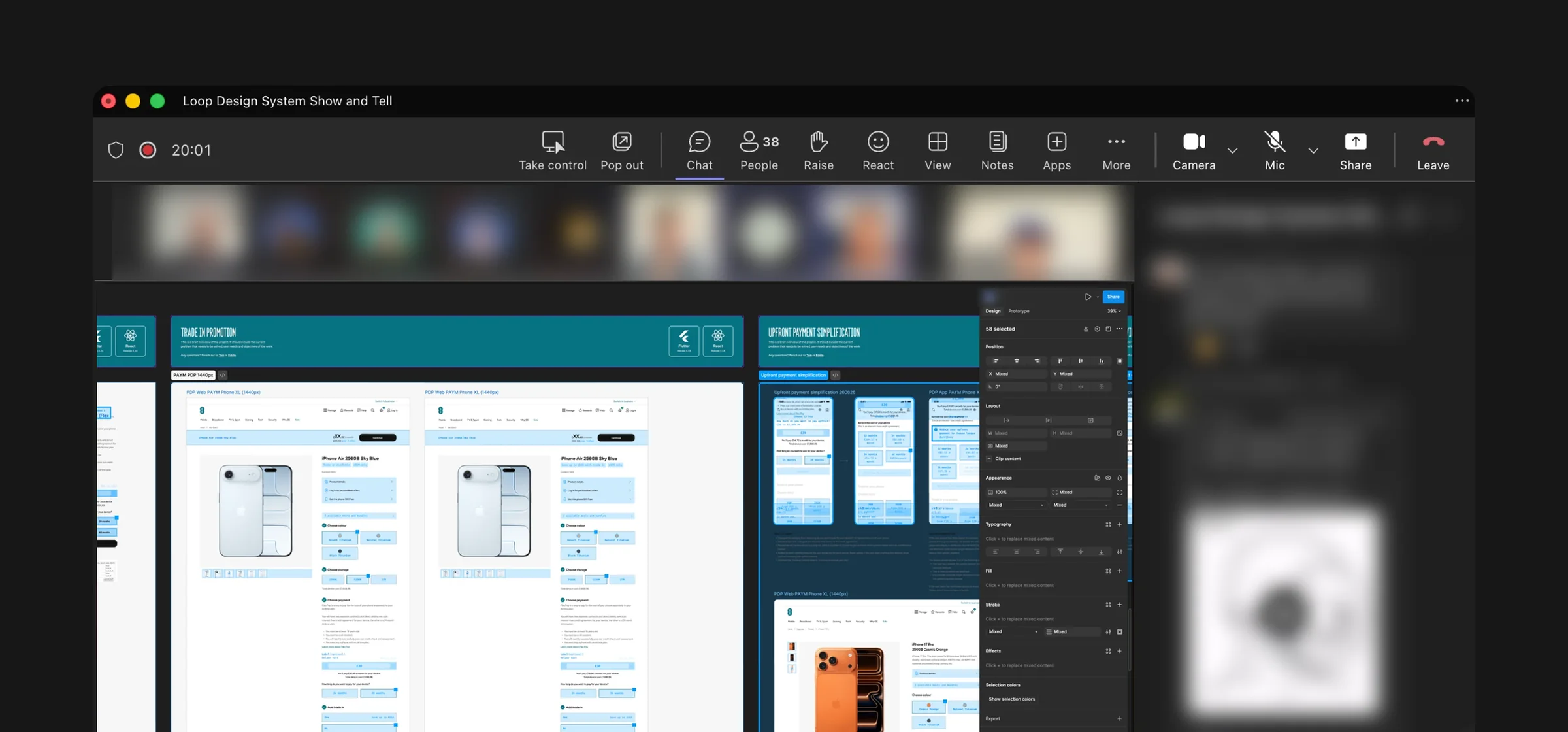 A Microsoft Teams call, Loop Design System Show and Tell, with 38 people, their video tiles and the chat blurred. The shared screen is a Figma file in Debug mode: EE phone product pages and app screens in see-through blue with monospaced text, under the project banners Trade in promotion and Upfront payment simplification