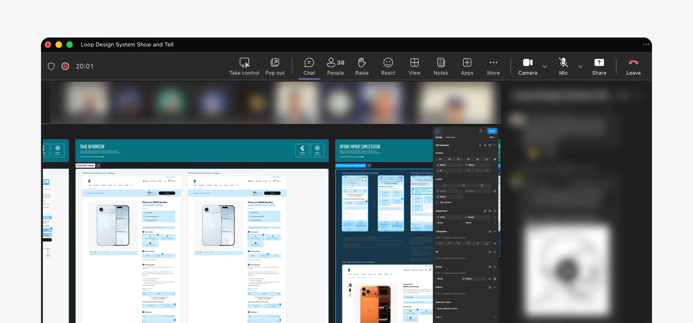 A Microsoft Teams call, Loop Design System Show and Tell, with 38 people, their video tiles and the chat blurred. The shared screen is a Figma file in Debug mode: EE phone product pages and app screens in see-through blue with monospaced text, under the project banners Trade in promotion and Upfront payment simplification