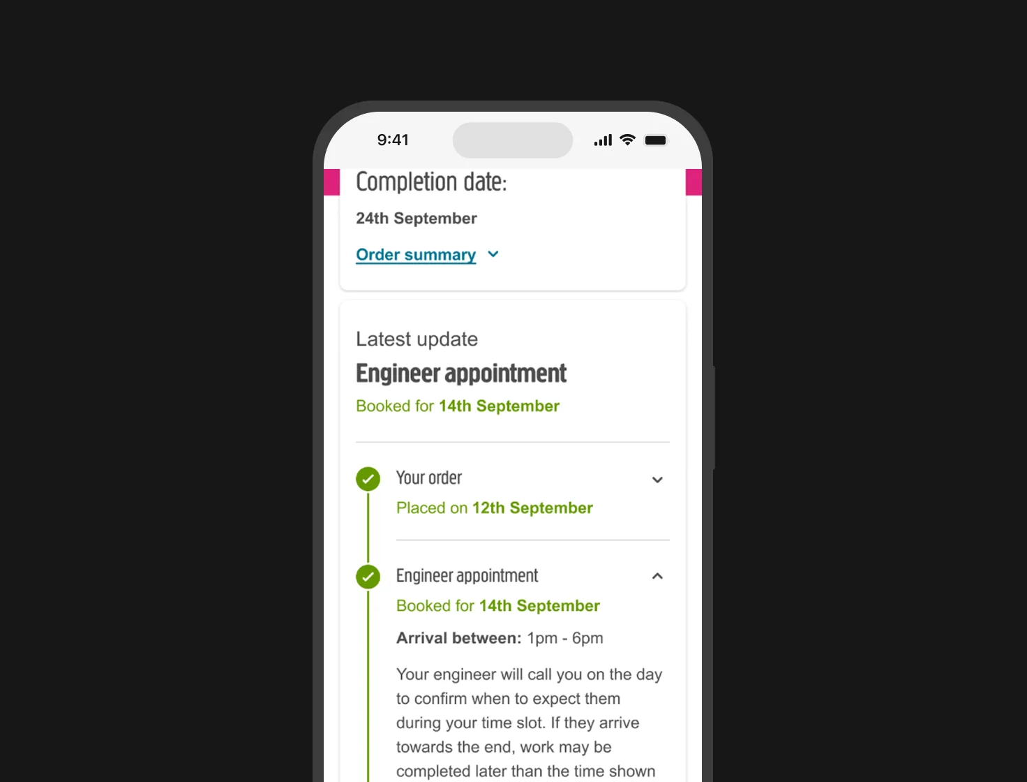 The new tracker on a phone: the completion date and latest update at the top, then a timeline of each step with its date and status