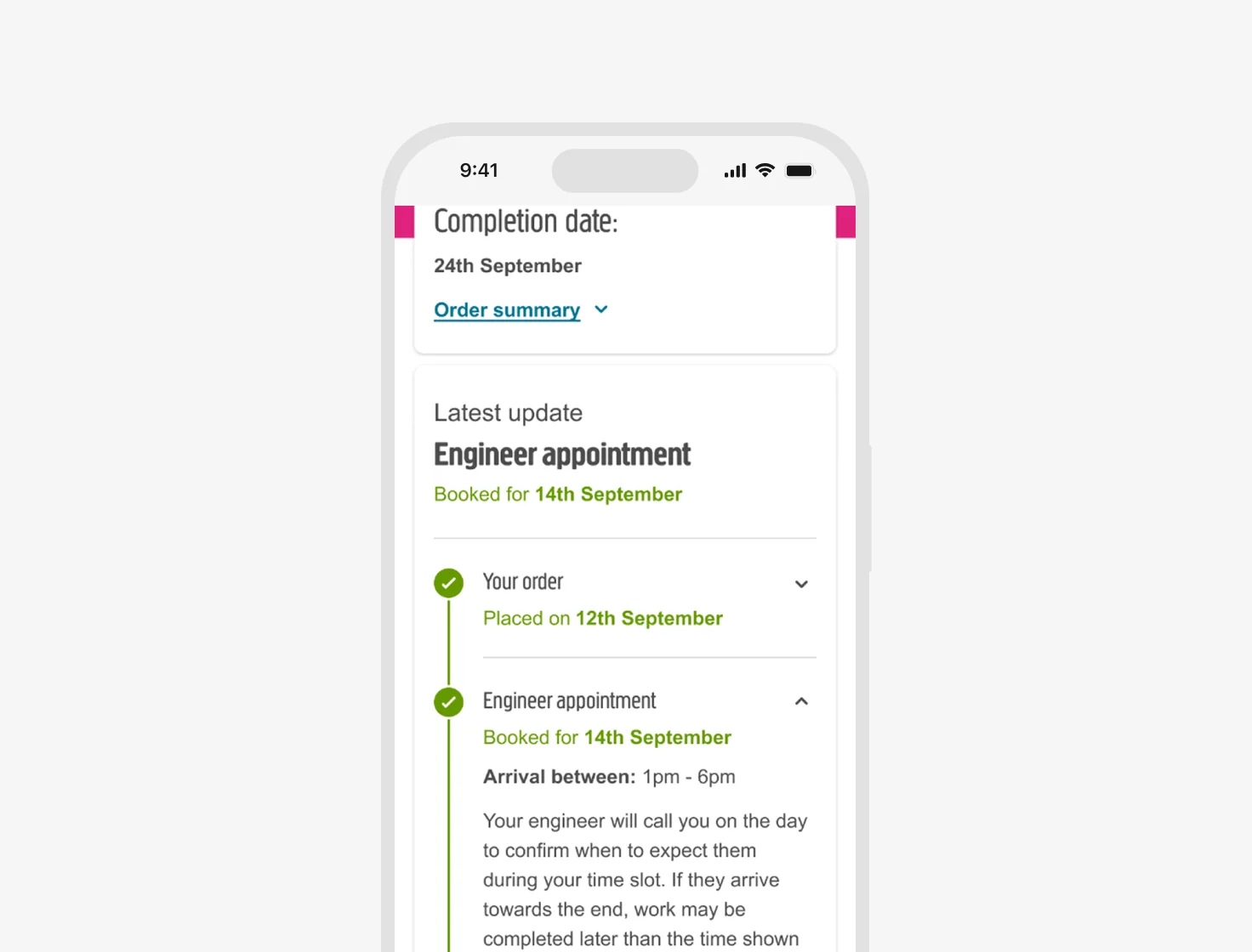 The new tracker on a phone: the completion date and latest update at the top, then a timeline of each step with its date and status