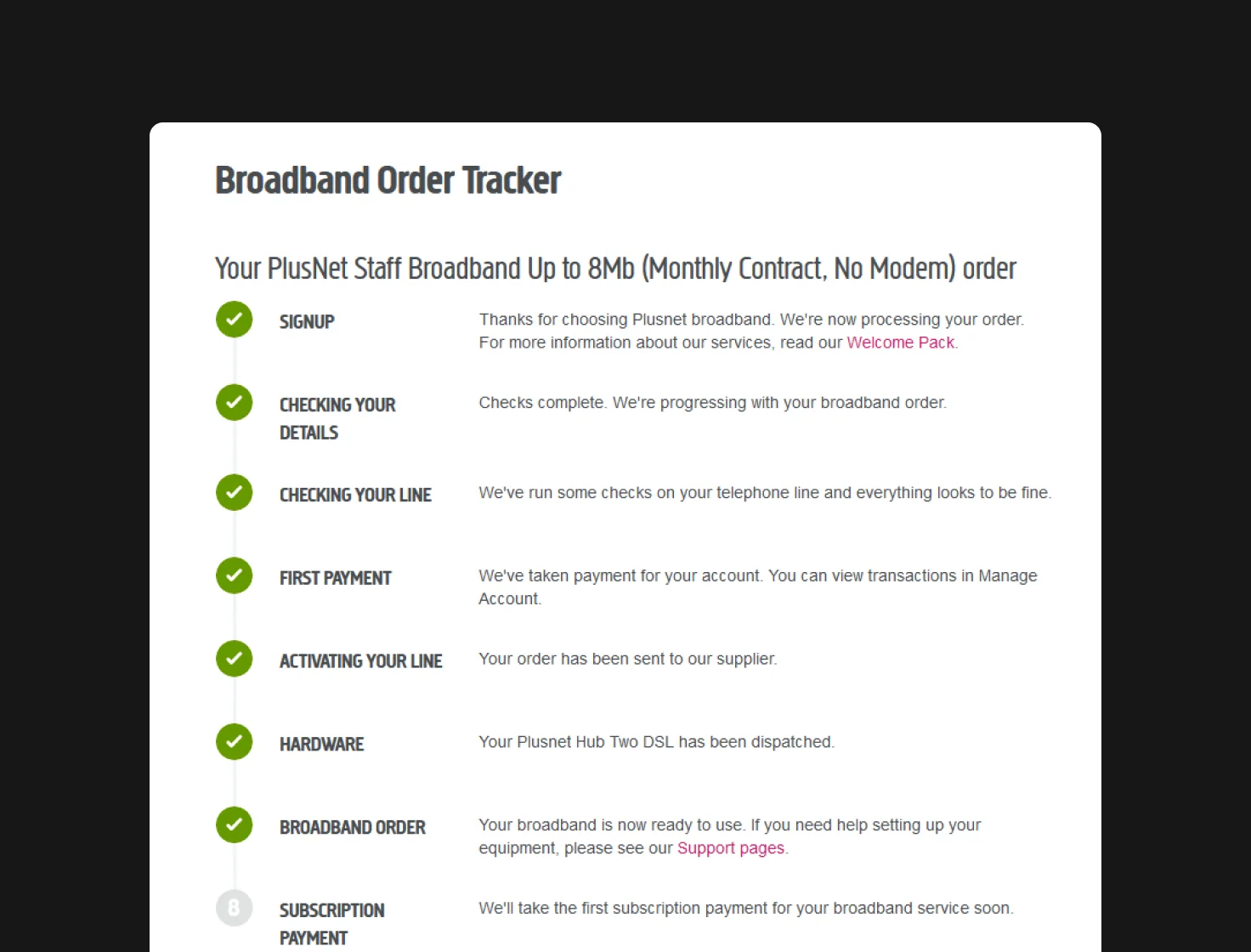 A close-up of the old Broadband Order Tracker: the same weight for every step, such as Signup, Checking your line and Activating your line, and no dates