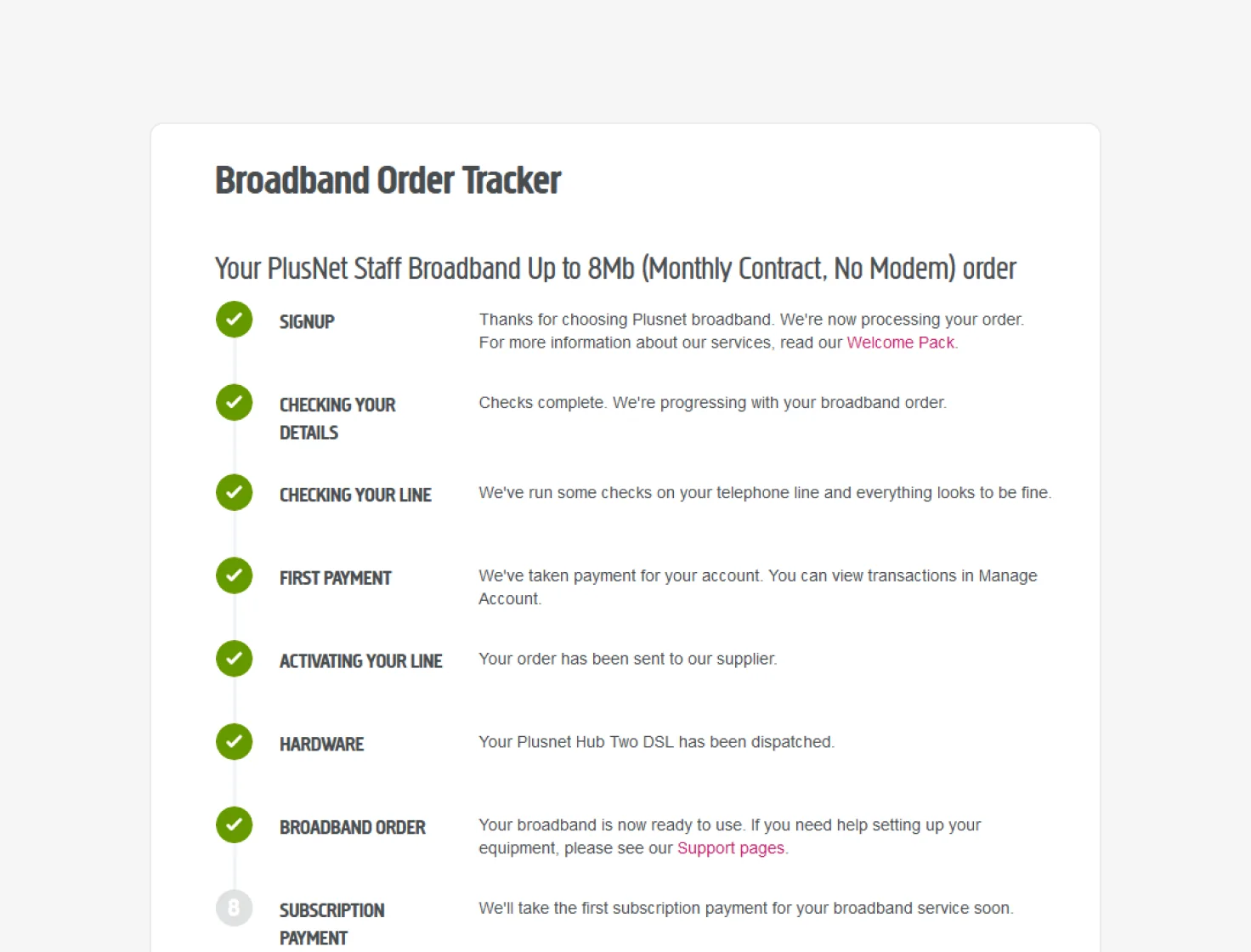 A close-up of the old Broadband Order Tracker: the same weight for every step, such as Signup, Checking your line and Activating your line, and no dates