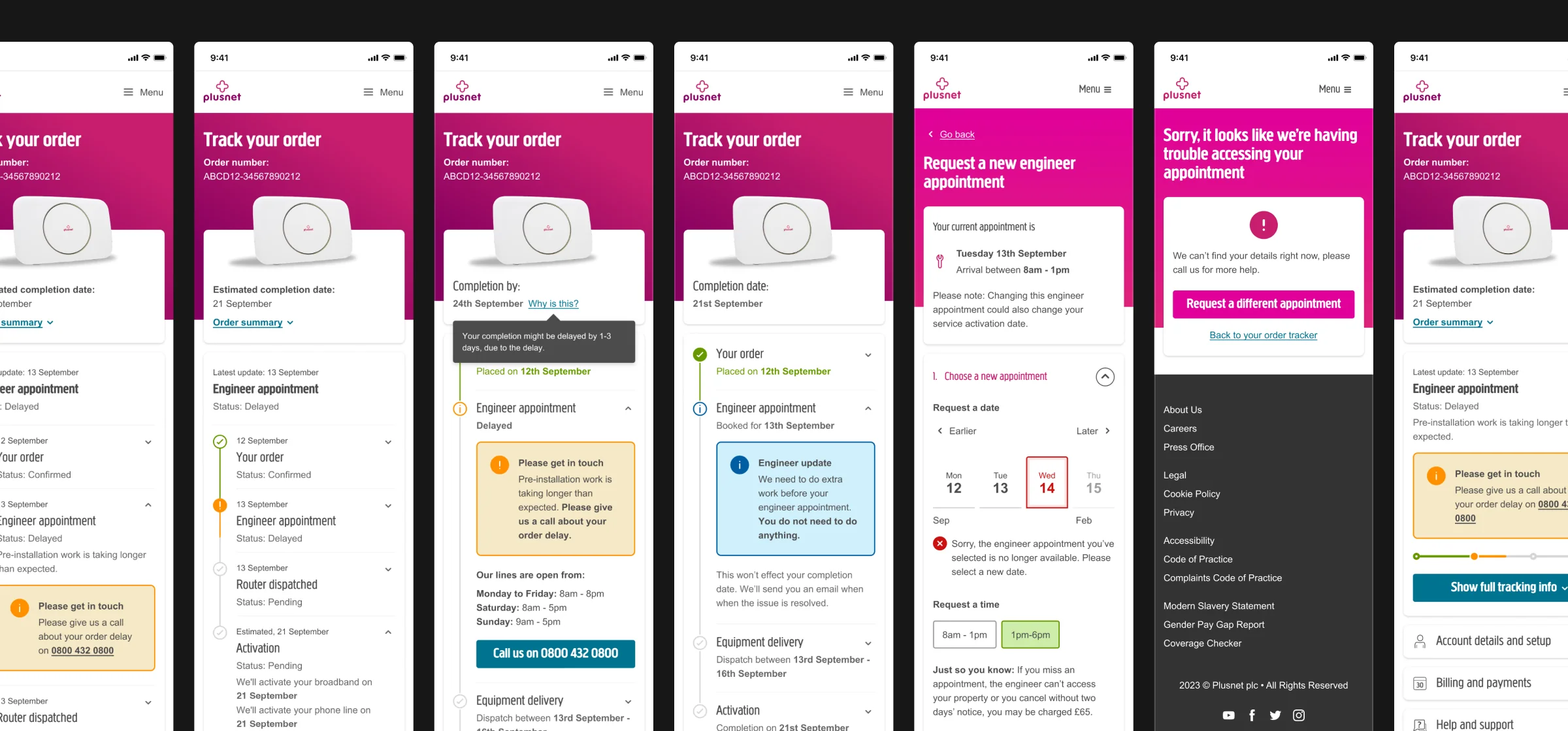 Design exploration: a row of tracker screens for different order states, including delays, problems with the order and the full tracking history