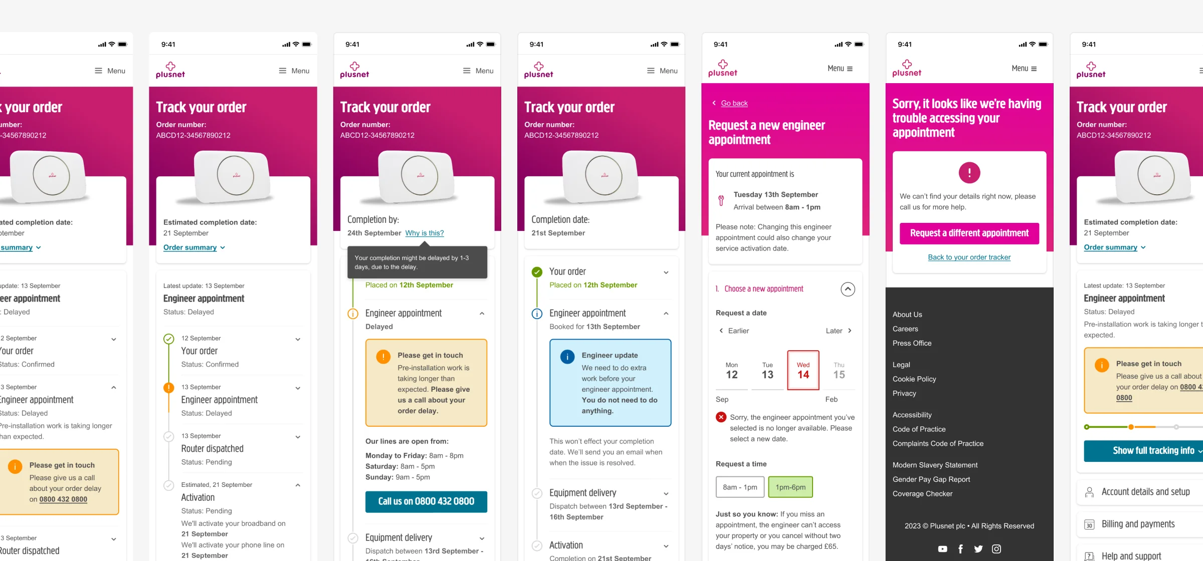 Design exploration: a row of tracker screens for different order states, including delays, problems with the order and the full tracking history