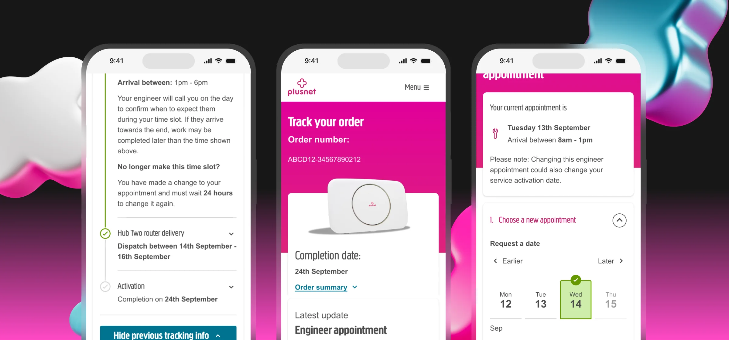 Three phones showing the new order tracker: the tracking history with engineer and router updates, the Track your order screen with the completion date, and choosing a new engineer appointment