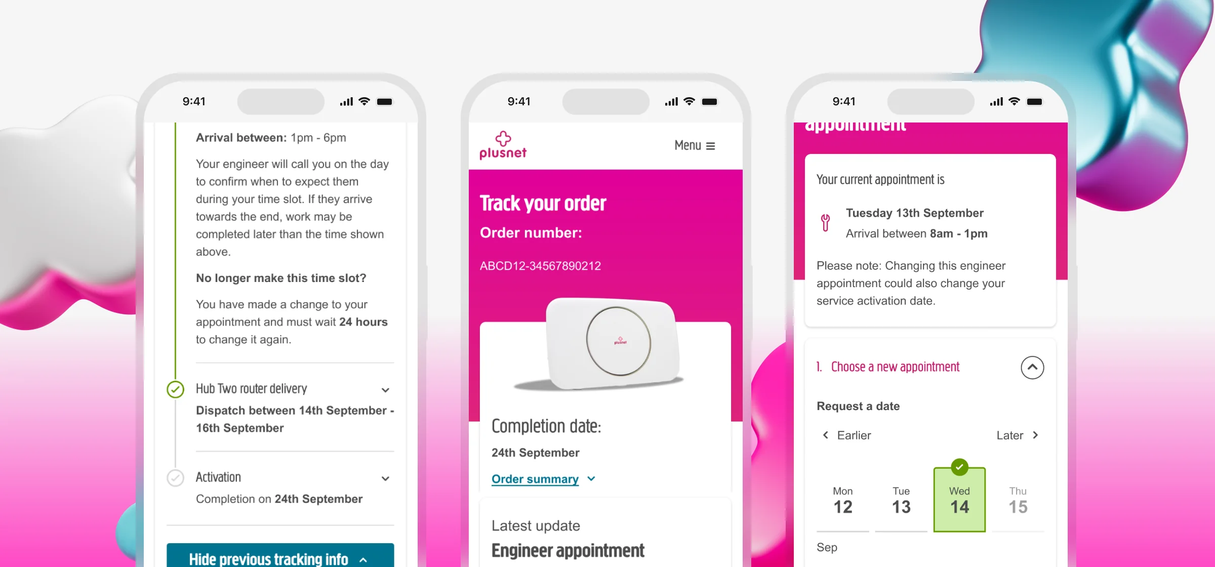 Three phones showing the new order tracker: the tracking history with engineer and router updates, the Track your order screen with the completion date, and choosing a new engineer appointment