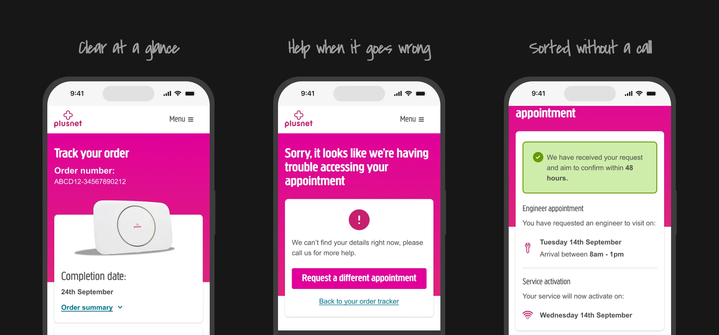 Three screens from the launched tracker. Clear at a glance: Track your order, with the completion date. Help when it goes wrong: a message that something has gone wrong, with a button to request a different appointment. Sorted without a call: confirmation that the new engineer appointment request has been received