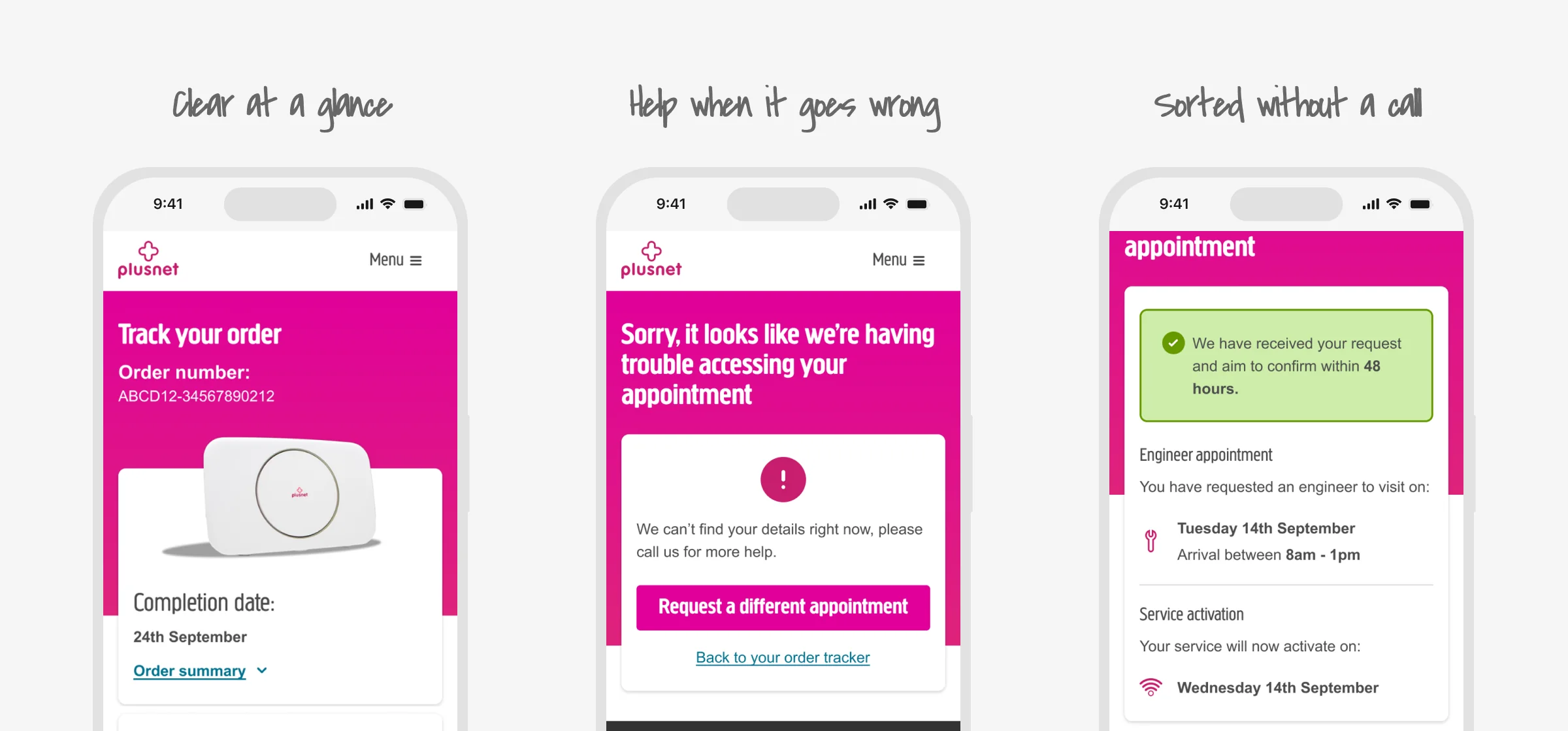 Three screens from the launched tracker. Clear at a glance: Track your order, with the completion date. Help when it goes wrong: a message that something has gone wrong, with a button to request a different appointment. Sorted without a call: confirmation that the new engineer appointment request has been received