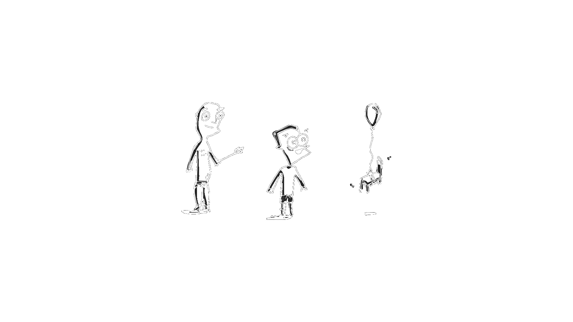 Animated hand-drawn characters, including a floating chair tied to a balloon