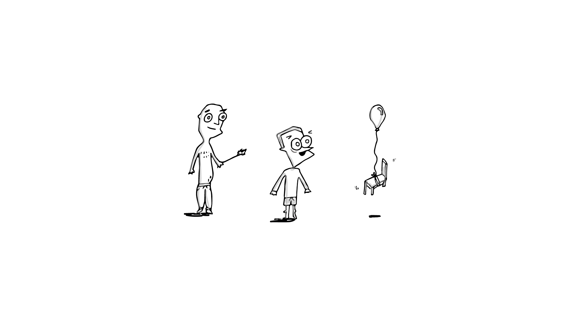 Animated hand-drawn characters, including a floating chair tied to a balloon